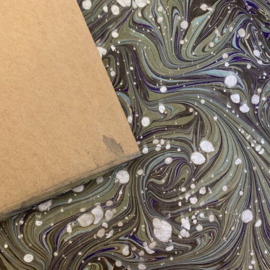 Hand Marbled Paper Veined Stone Marble Pattern in Greens and Silver ~ Berretti Marbled Arts